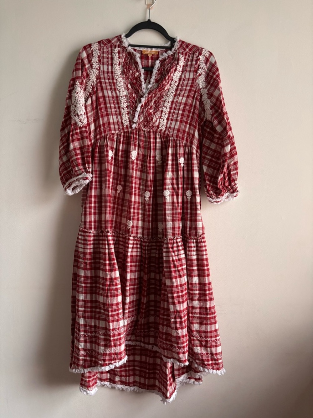 Red Plaid Tiered Maxi Dress with White Embroidered Trim